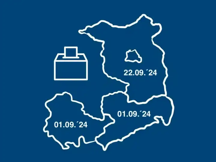 Umrisse von Thüringen, Sachsen und Brandenburg mit den Wahlterminen 2024 und einer Wahlurne